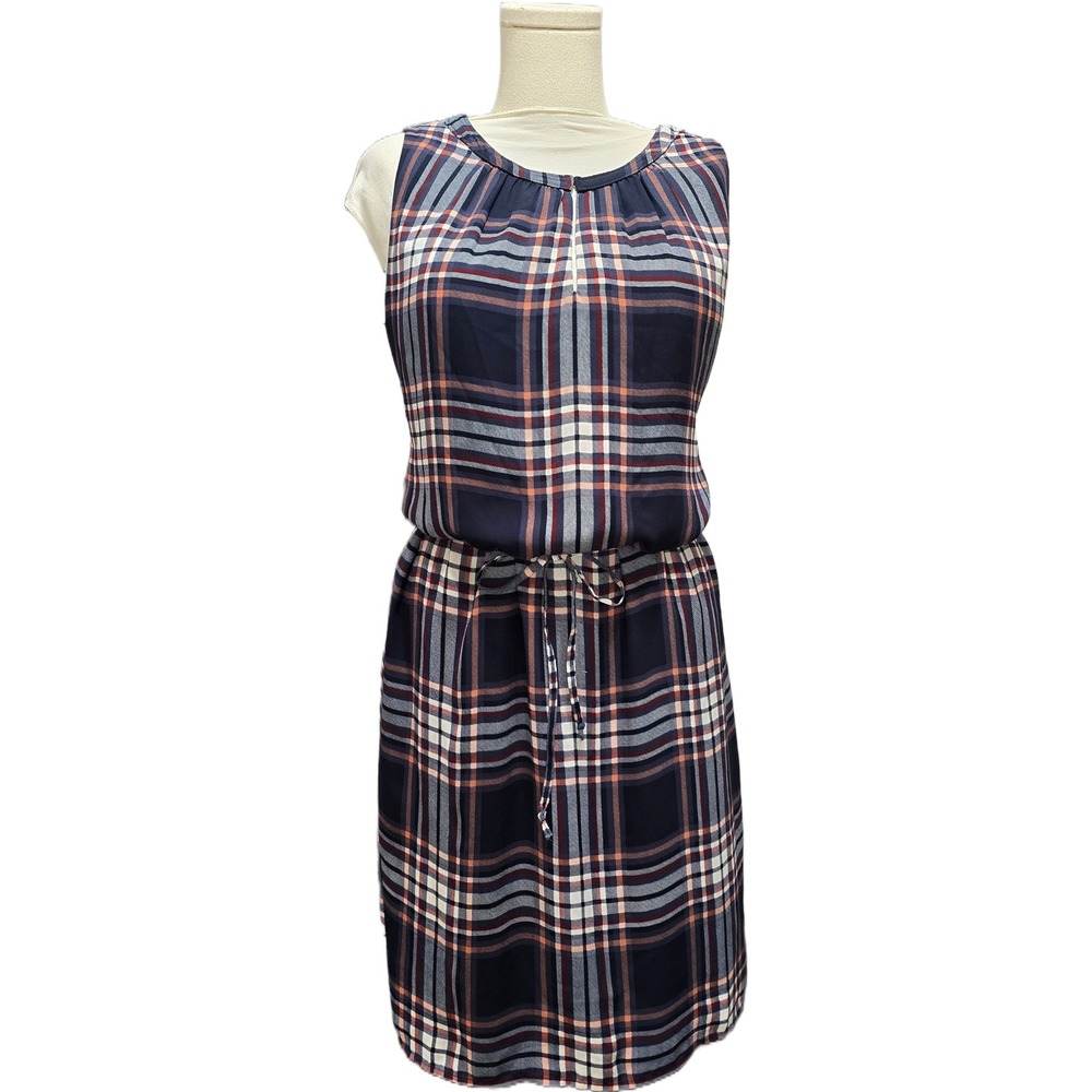 Navy Blue Plaid Sleeveless Keyhole Neck Drawstring Waist Casual Dress Women L